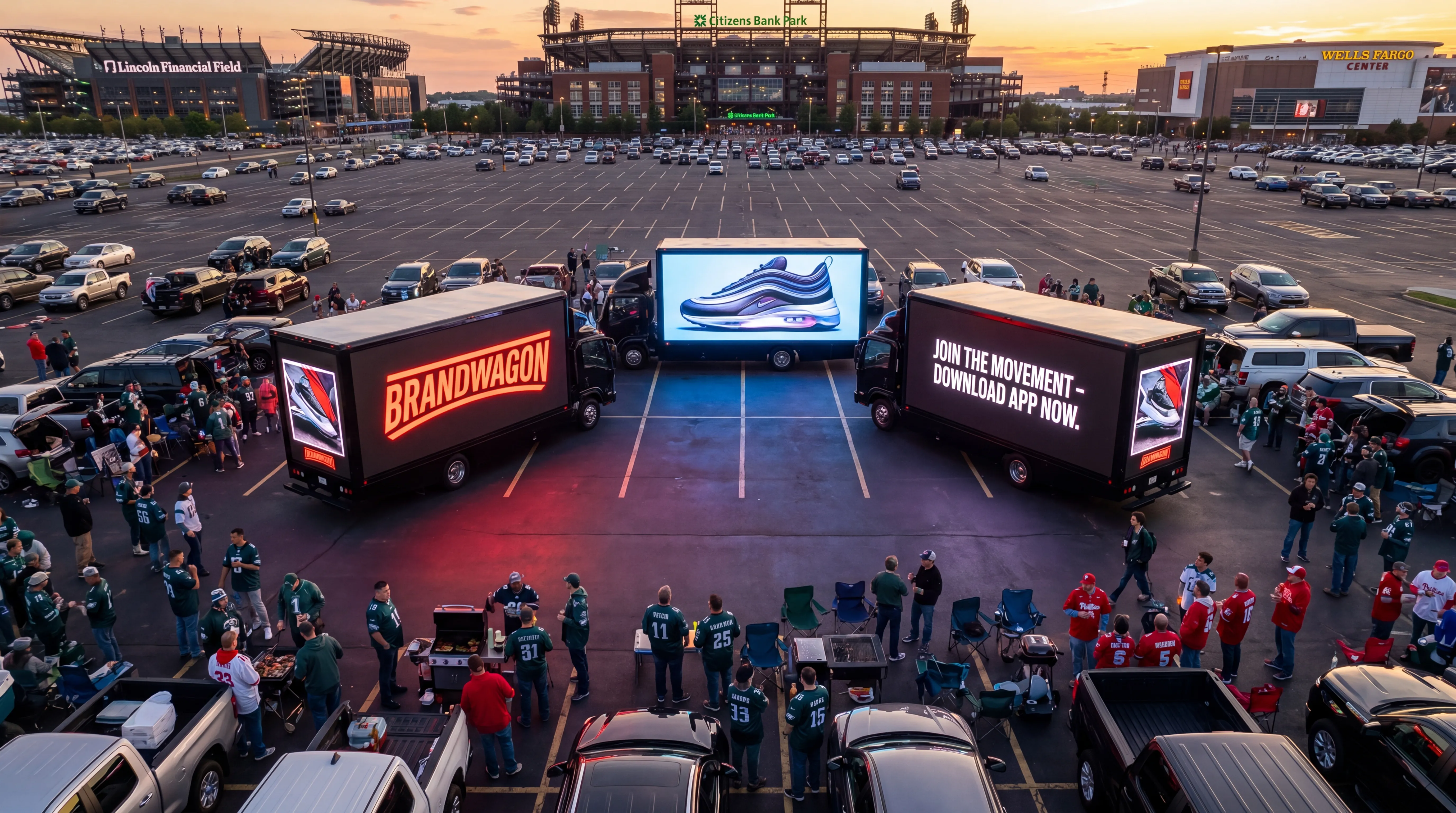 Aerial view of three Brandwagon LED billboard trucks in formation at the Philadelphia sports complex parking lot at sunset, with Lincoln Financial Field, Citizens Bank Park, and Wells Fargo Center in the background and Eagles fans tailgating