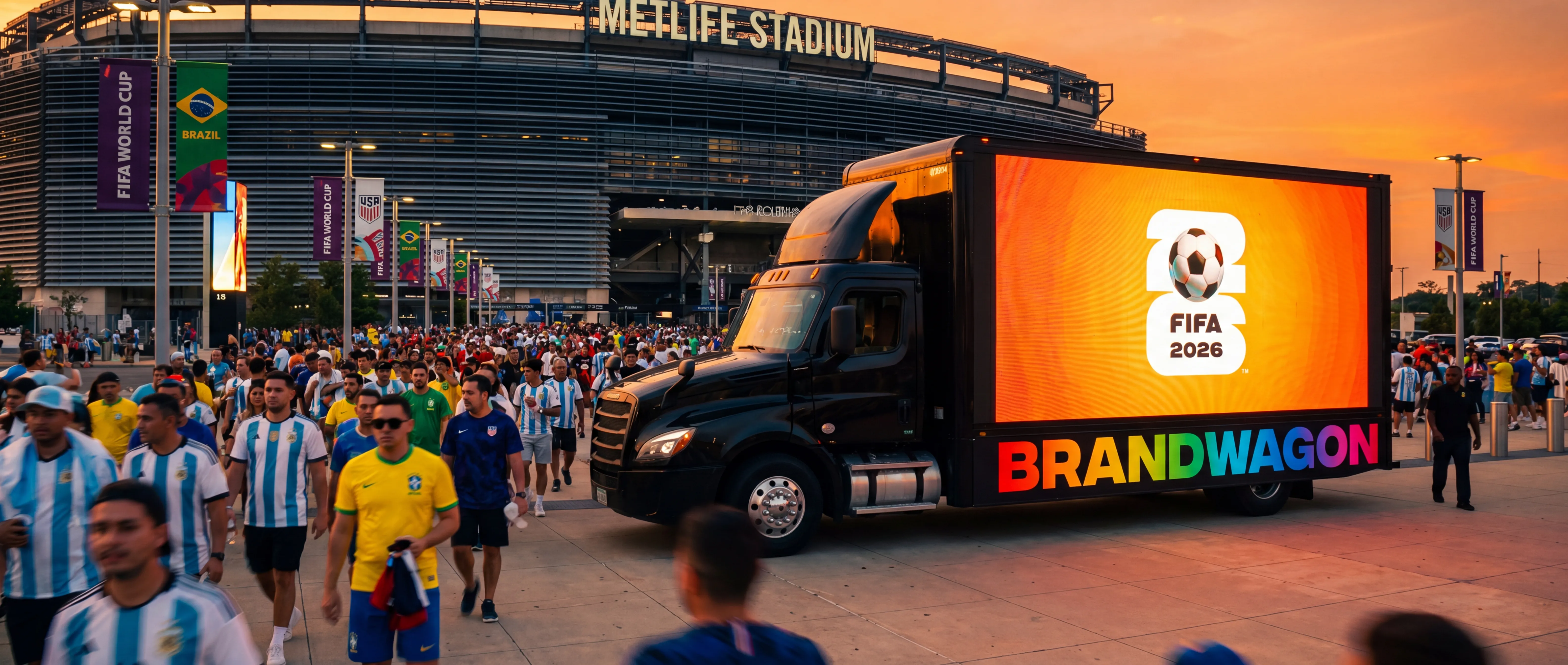 Brandwagon LED billboard truck parked outside MetLife Stadium during FIFA World Cup 2026 — fans in Argentina, Brazil, and USA jerseys streaming past at golden hour