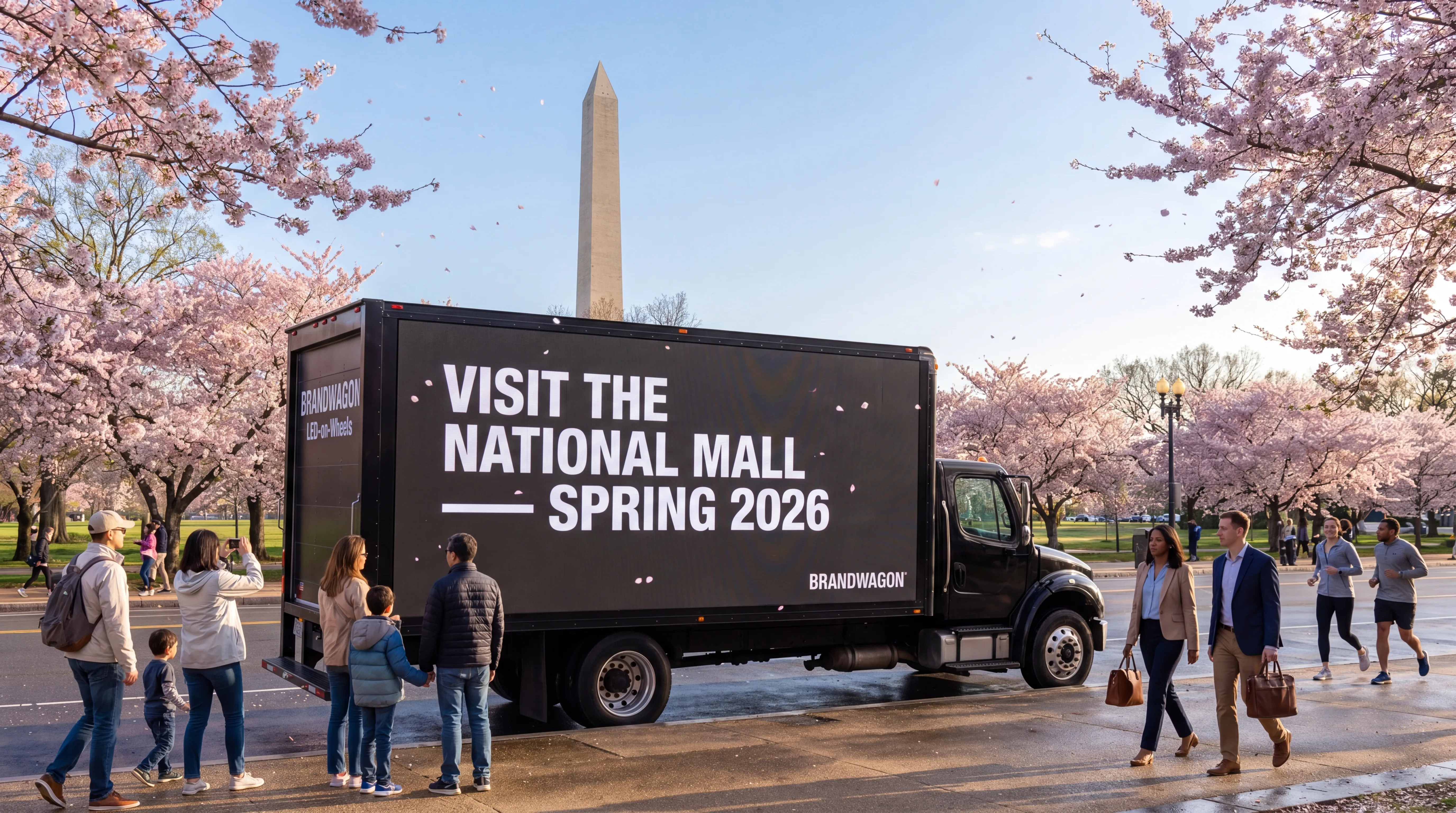 Brandwagon truck on Constitution Avenue Washington DC during Cherry Blossom Festival with the Washington Monument behind