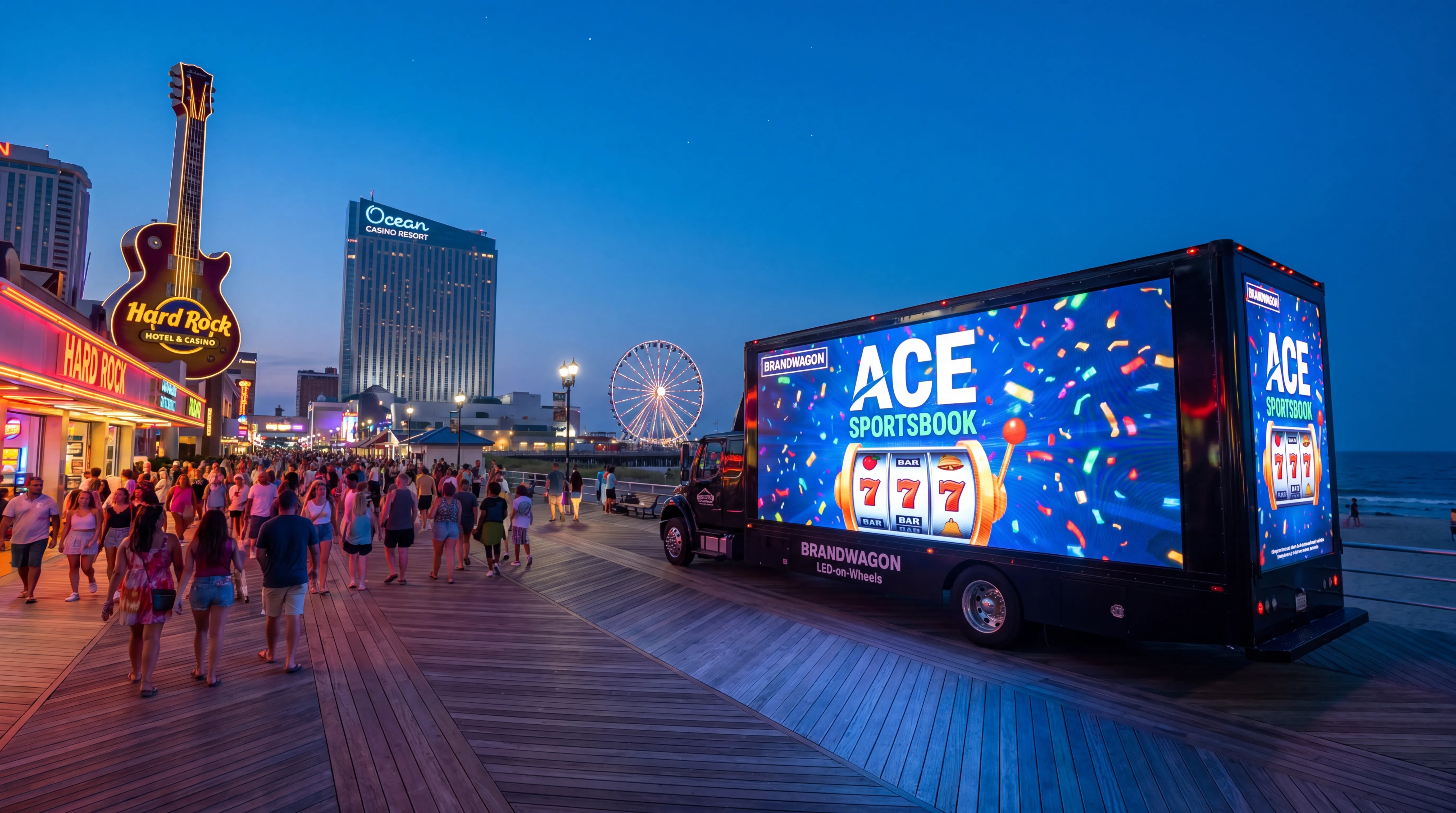 Brandwagon truck on the Atlantic City Boardwalk at dusk with the Hard Rock Hotel & Casino guitar sign and Ferris wheel