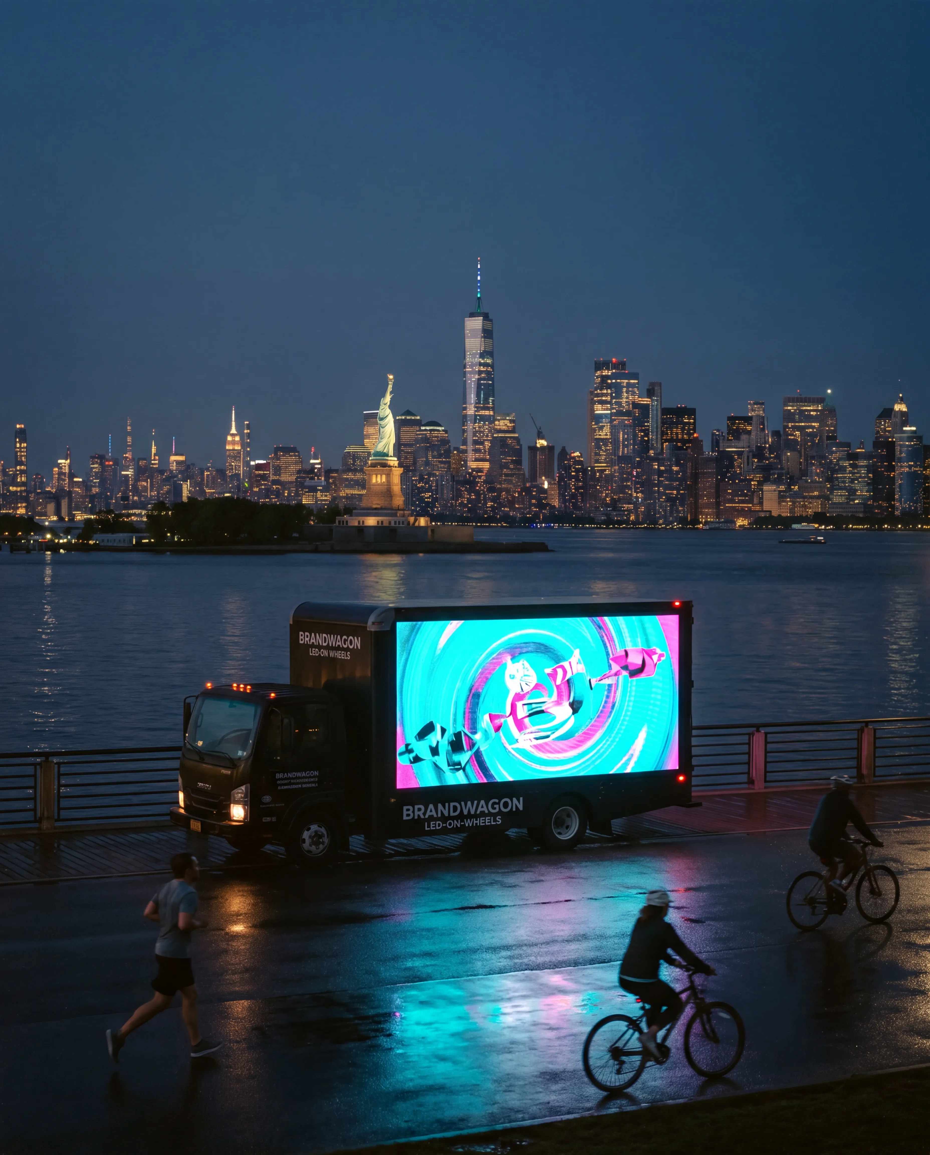 Brandwagon LED billboard truck along the Jersey City Hudson waterfront at blue hour with the Manhattan skyline glittering across the river and the Statue of Liberty visible