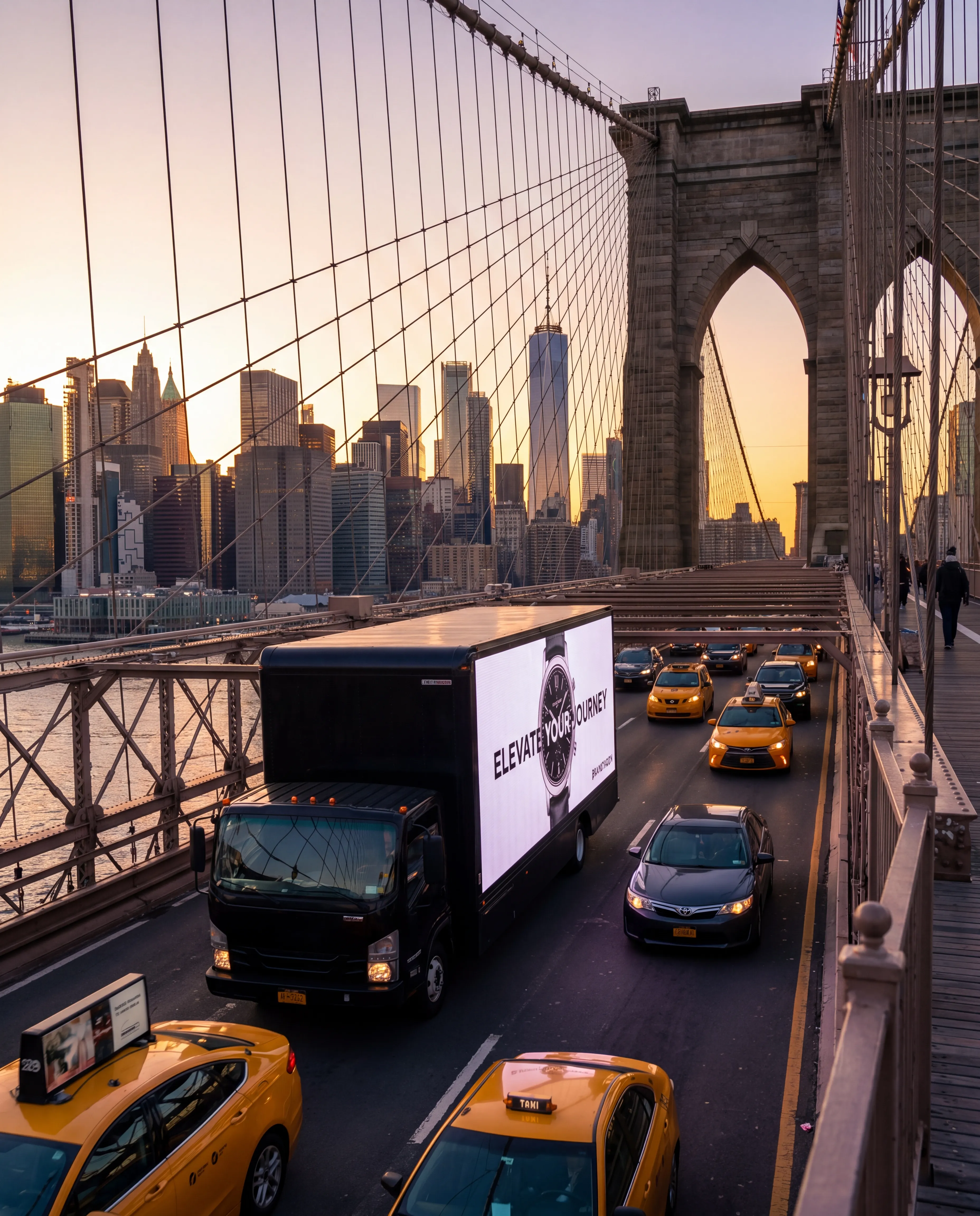 Brandwagon LED billboard truck crossing the Brooklyn Bridge approach toward the Lower Manhattan skyline at golden hour with the Freedom Tower visible