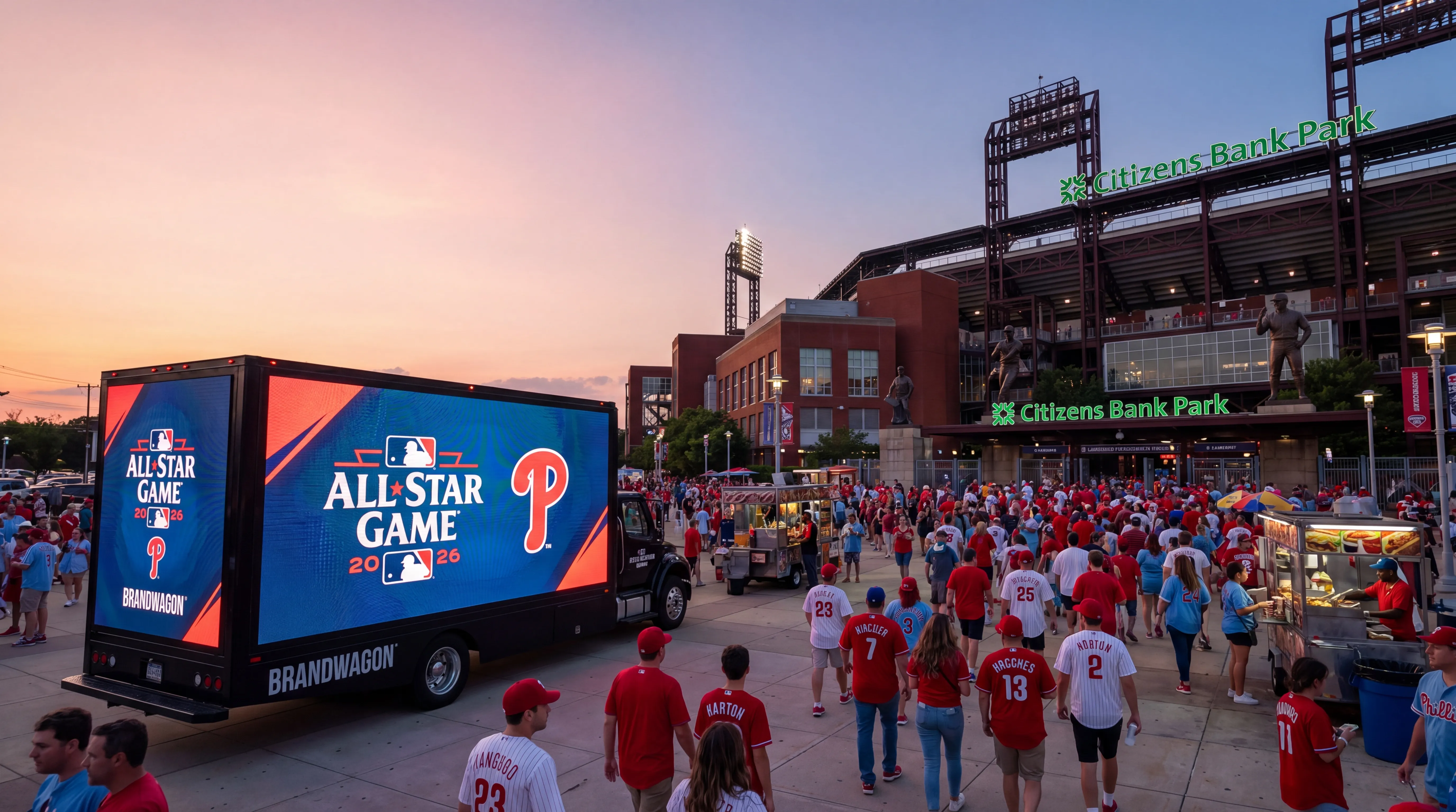 Brandwagon truck at Citizens Bank Park during MLB All-Star Game 2026 with Phillies fans in red jerseys