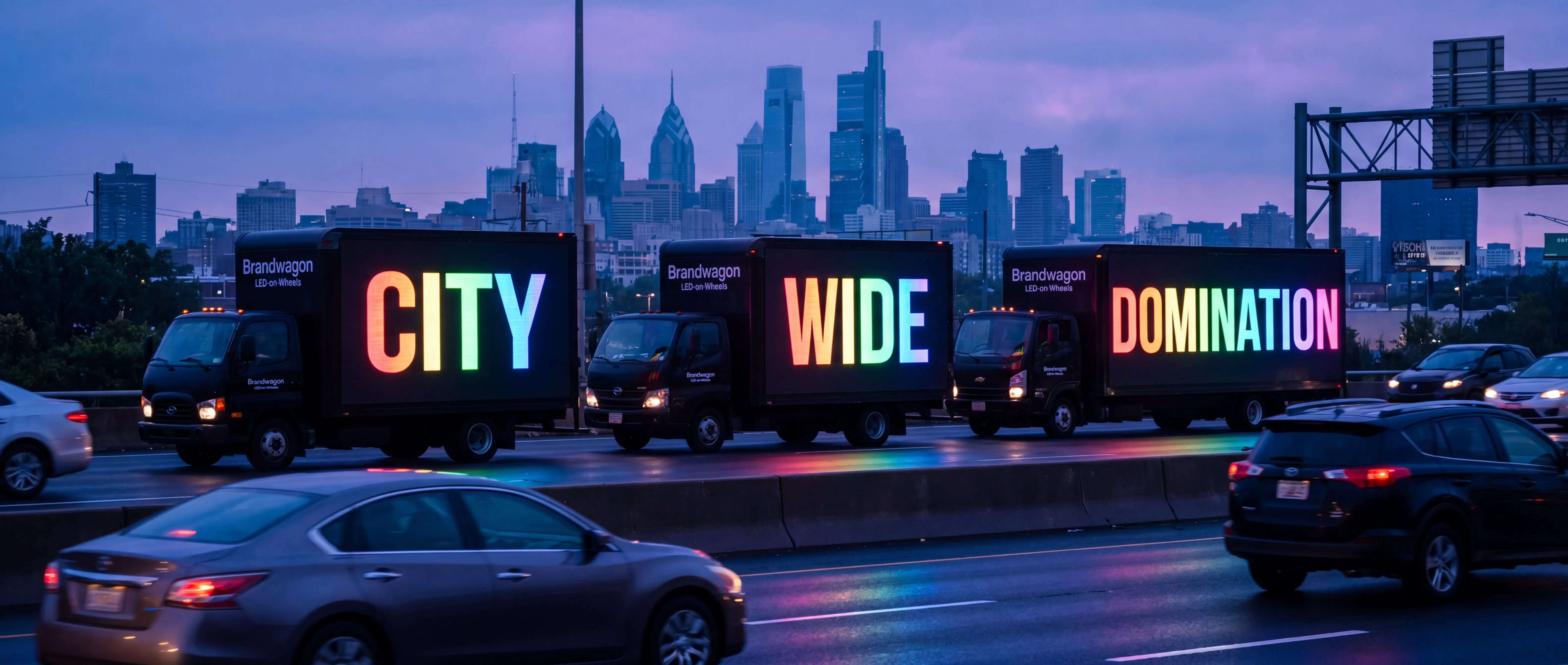 Three Brandwagon LED billboard trucks in convoy formation on I-95 at dusk with the Philadelphia skyline behind, screens reading CITY WIDE DOMINATION in rainbow letters