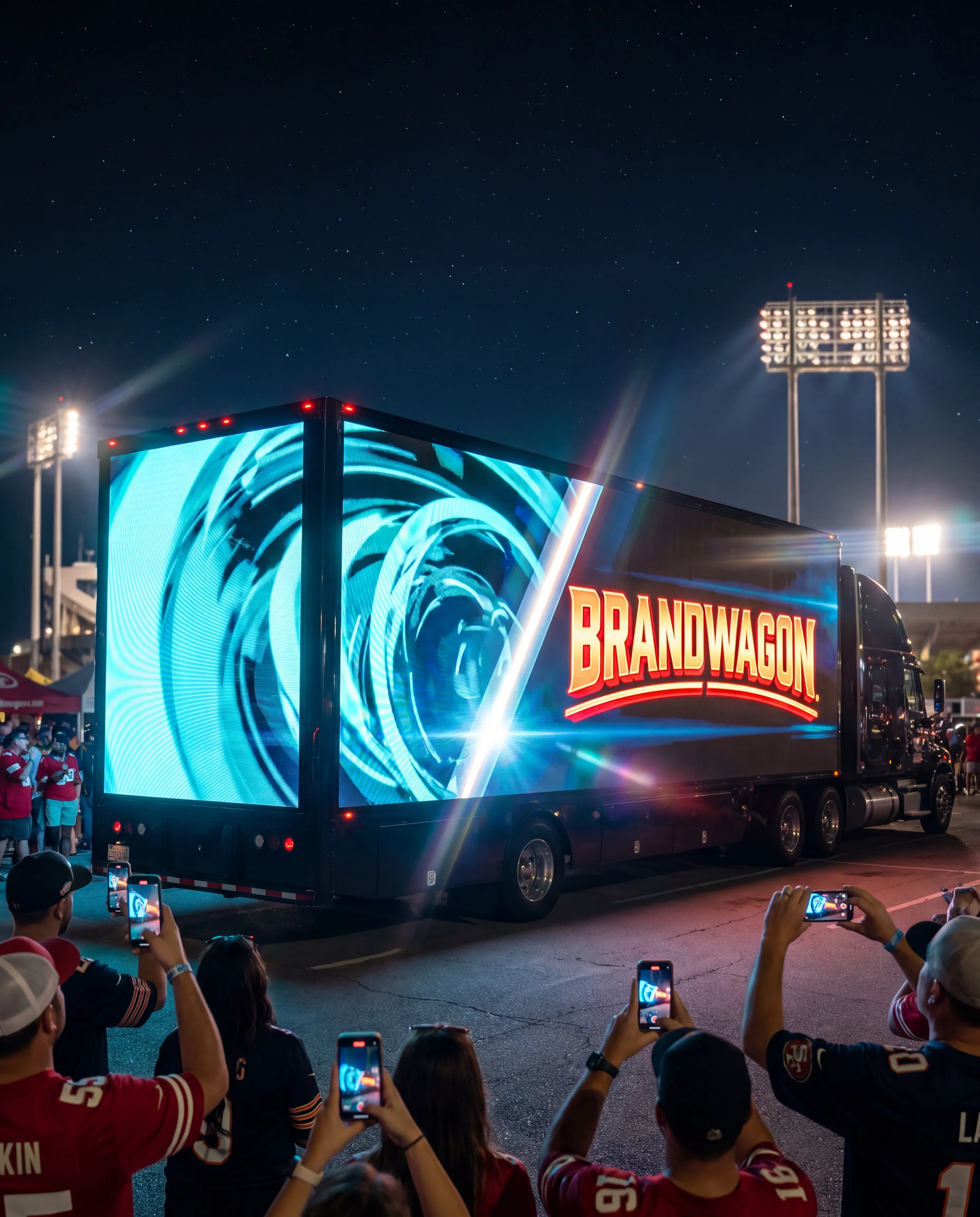 Two Brandwagon LED billboard trucks parked side-by-side at a stadium tailgate at night with fans photographing the synchronized screens
