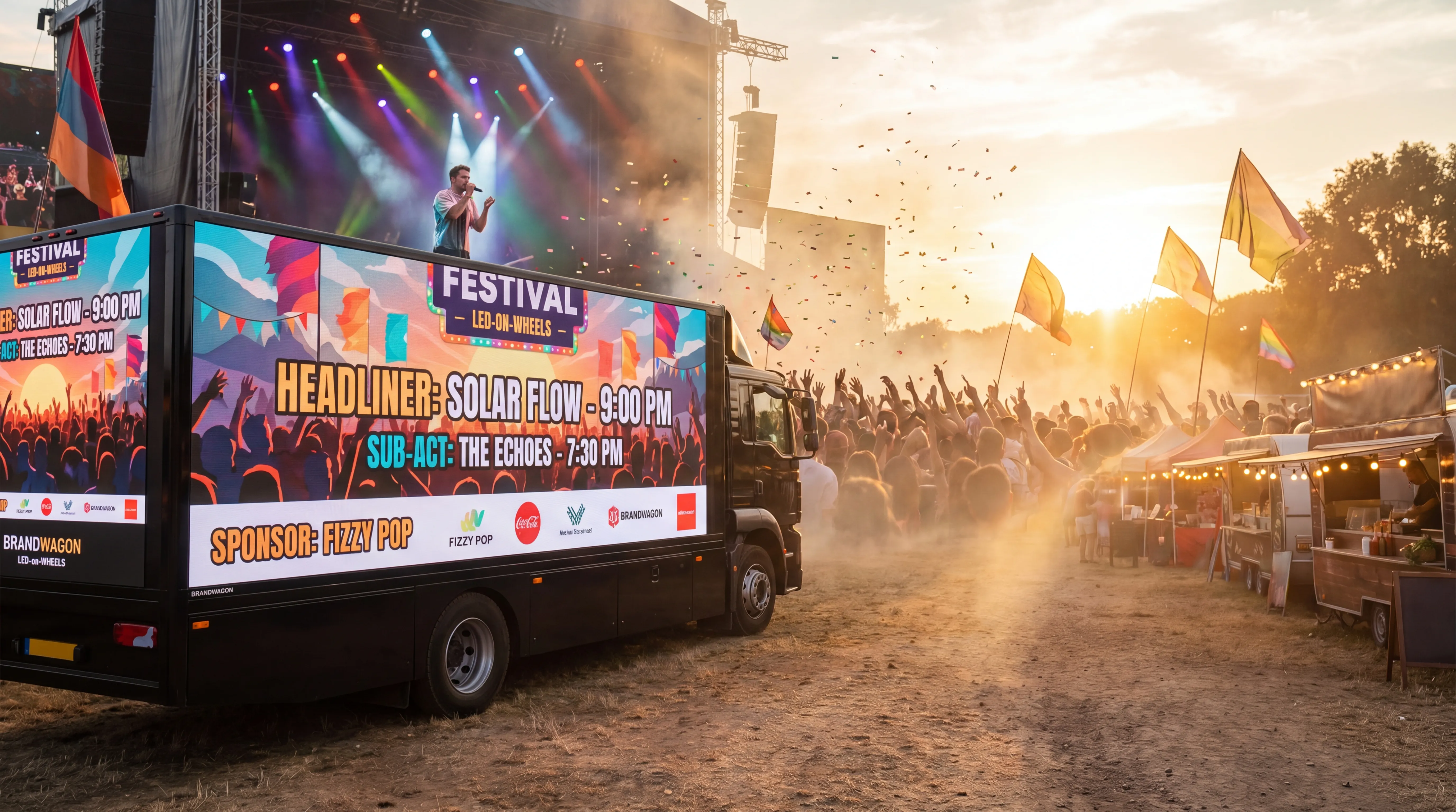 Brandwagon LED truck at the edge of an outdoor summer music festival at sunset with the headliner singer on the main stage, festival flags, and confetti drifting through the air