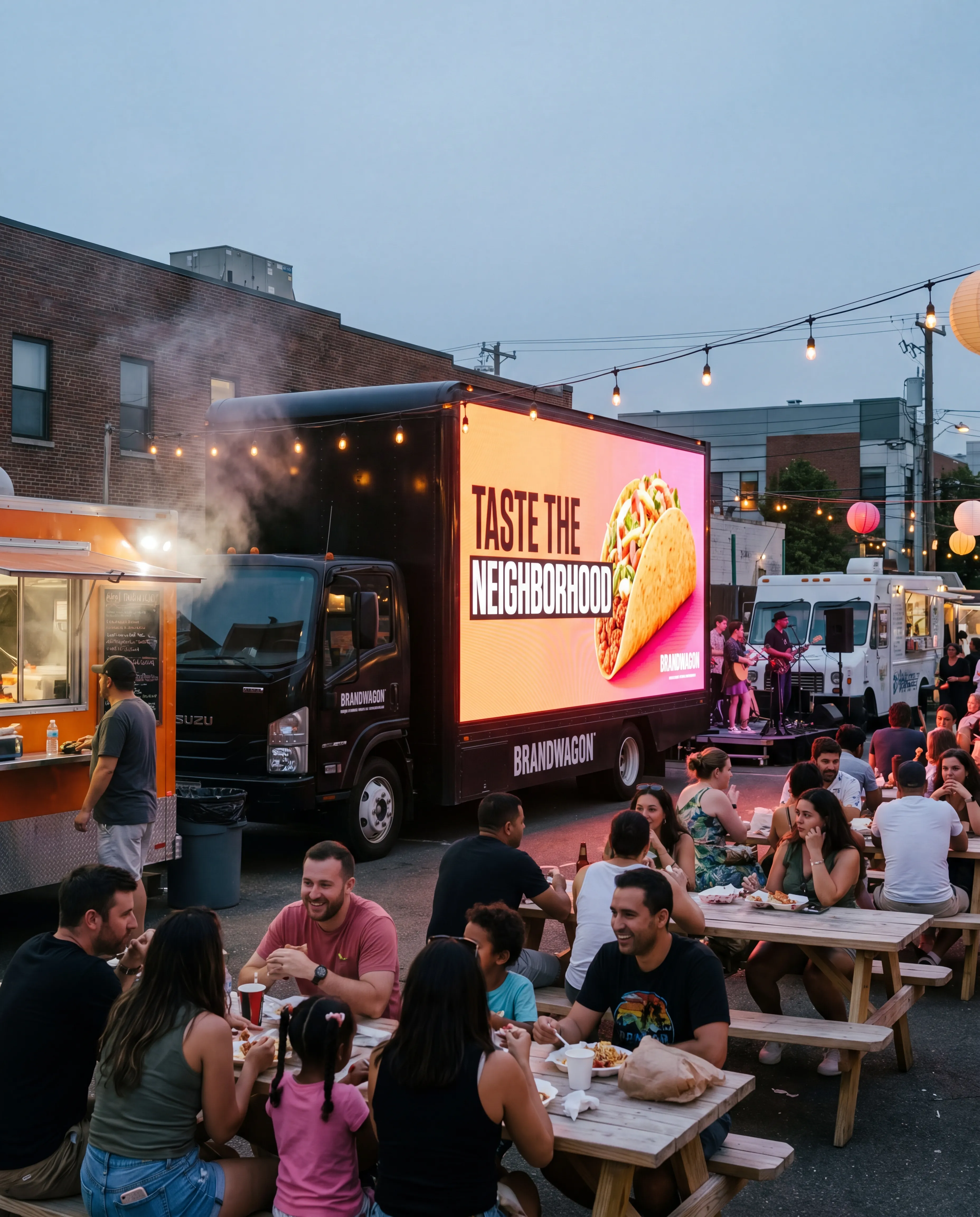 Brandwagon LED truck at a Fishtown Philadelphia food truck rally at twilight with families eating at picnic tables under string lights