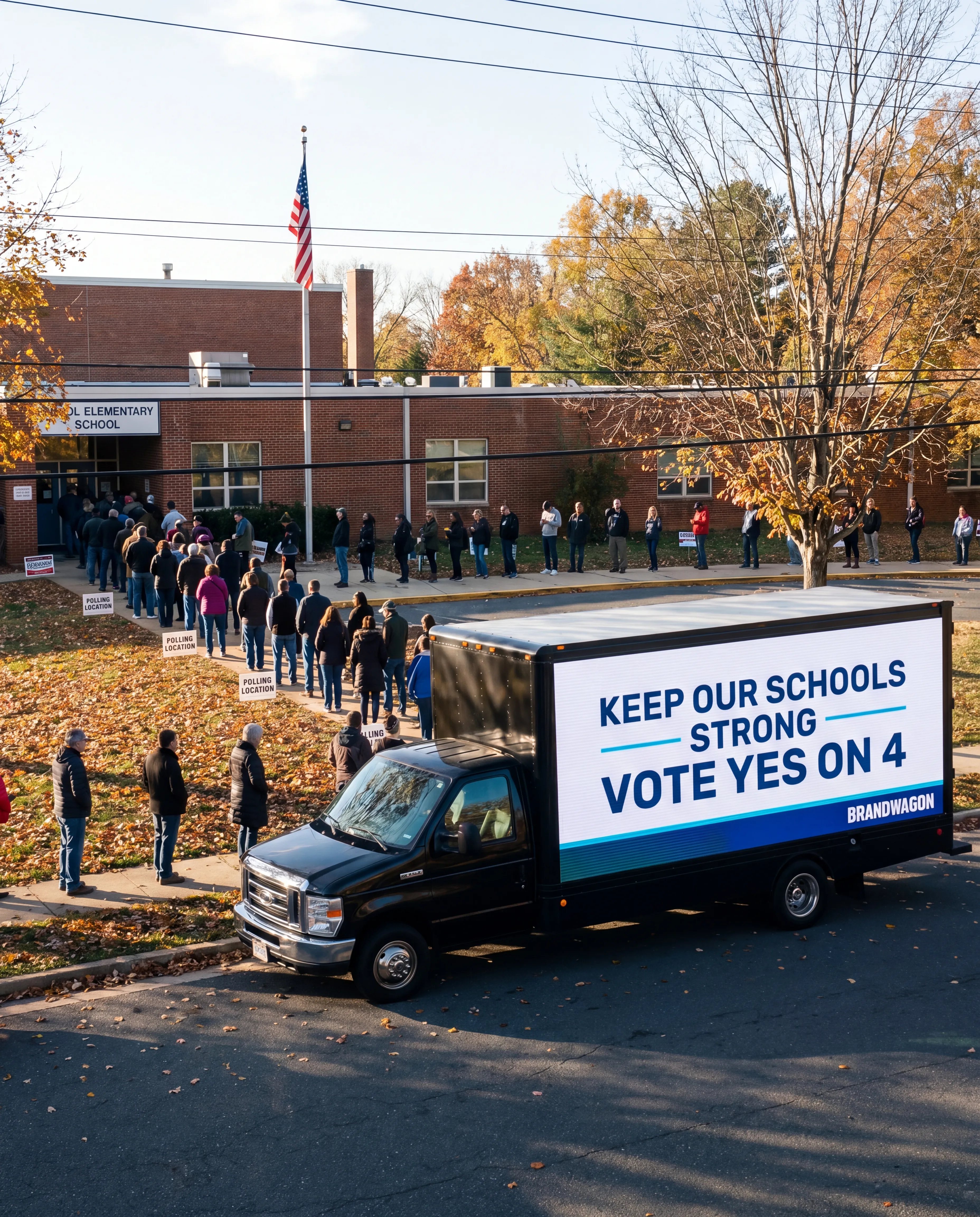 Brandwagon LED truck across the street from a suburban Northern Virginia elementary school polling location with voters in line on a clear November morning